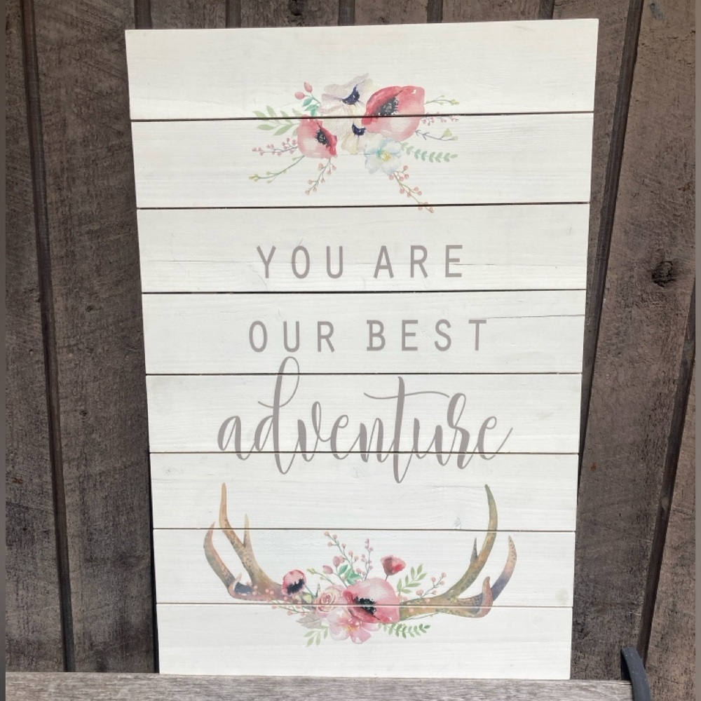 Wall Art OUR BEST ADVENTURE Wood Baby Nature Deer Floral White Pink Green